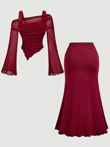 SHEIN MOD Setelan 2 Potong Atasan Bahu Asimetris dan Rok Ekor Ikan Warna Burgundy Ukuran Plus untuk Musim Gugur, Pakaian Serbaguna untuk Musim Gugur/Dingin, Setelan Pesta Liburan Musim Gugur - Burgundy - View 2