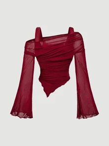SHEIN MOD Setelan 2 Potong Atasan Bahu Asimetris dan Rok Ekor Ikan Warna Burgundy Ukuran Plus untuk Musim Gugur, Pakaian Serbaguna untuk Musim Gugur/Dingin, Setelan Pesta Liburan Musim Gugur - Burgundy - View 4
