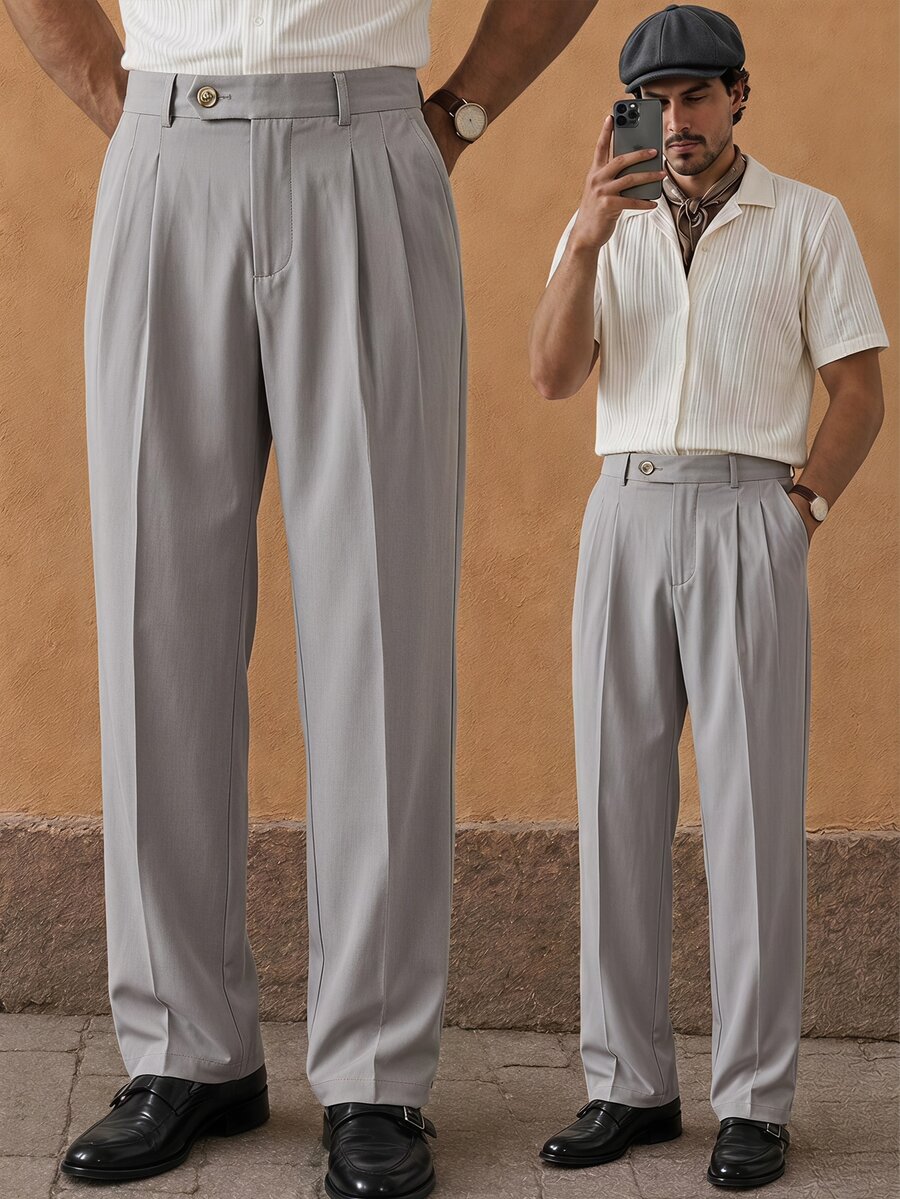 HIMLAND Men's Woven Fitted Casual Long Mid-Waist Straight Leg Dress Pants, Suitable For Spring And Summer Office Business Grey - Grey - View 1