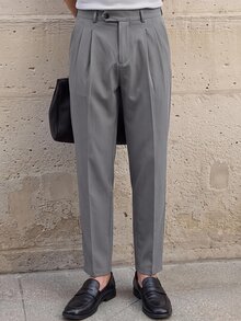 HIMLAND Men's Woven Fitted Casual Long Mid-Waist Straight Leg Dress Pants, Suitable For Spring And Summer Office Business Grey - Grey - View 8