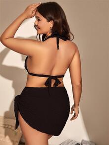 Swim Basics Summer Beach Plus Size Halter Triangle Bikini Set With Beach Skirt - Black - View 3