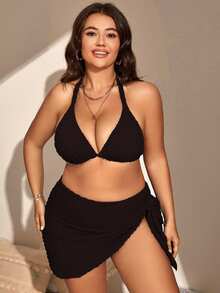 Swim Basics Summer Beach Plus Size Halter Triangle Bikini Set With Beach Skirt - Black - View 5