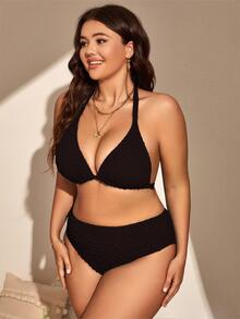 Swim Basics Summer Beach Plus Size Halter Triangle Bikini Set With Beach Skirt - Black - View 4