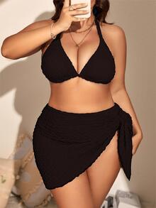 Swim Basics Summer Beach Plus Size Halter Triangle Bikini Set With Beach Skirt - Black - View 6