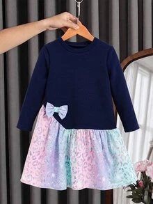 SHEIN Playful Pals 女童長袖秋季休閒仙女公主風 2-In-1 連身裙 蝴蝶結裝飾對比色荷葉邊下擺 適合日常校園時尚 7歲生日 海軍藍 - 藍色 - 查看 4