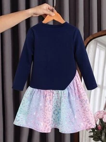 SHEIN Playful Pals 女童長袖秋季休閒仙女公主風 2-In-1 連身裙 蝴蝶結裝飾對比色荷葉邊下擺 適合日常校園時尚 7歲生日 海軍藍 - 藍色 - 查看 2