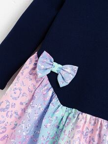 SHEIN Playful Pals 女童長袖秋季休閒仙女公主風 2-In-1 連身裙 蝴蝶結裝飾對比色荷葉邊下擺 適合日常校園時尚 7歲生日 海軍藍 - 藍色 - 查看 7