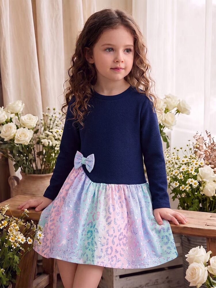 SHEIN Playful Pals Young Girl Long Sleeve Fall Winter Casual 2-In-1 Dress Bow Decor Contrast Ruffle Hem Dress,Suitable For Fall/Winter Daily, New Style,Campus Chic - Blue - View 3