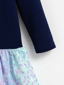 SHEIN Playful Pals 女童長袖秋季休閒仙女公主風 2-In-1 連身裙 蝴蝶結裝飾對比色荷葉邊下擺 適合日常校園時尚 7歲生日 海軍藍 - 藍色 - 查看 6