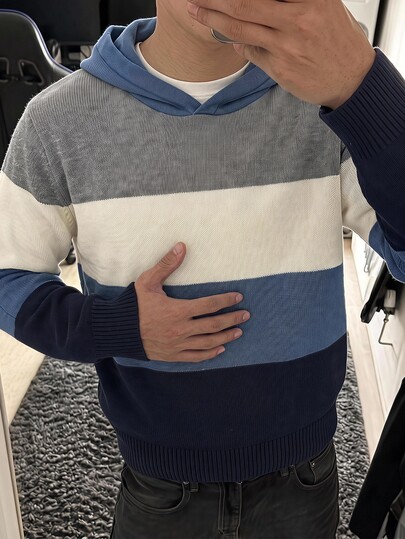 SHEIN Sweater Anak Laki-Laki Gaya Kasual Kuliah Berkerudung Nyaman dengan Desain Blok Warna, Cocok untuk Bepergian, Sekolah, Pakaian Kasual Sehari-hari, Jalan-jalan, dan Olahraga