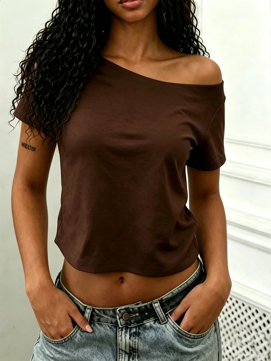 SHEIN Women's Fashionable Versatile Cropped Oblique Shoulder Short Sleeve Top - Brown - View 1