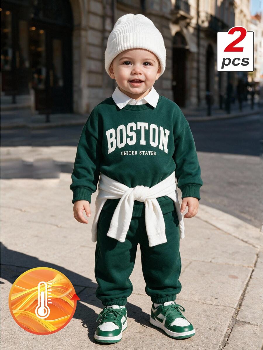 SHEIN Souflis 中性幼童 0-3T 深綠色 Boston 字母印花抓絨內裡運動衫與慢跑褲 2 件套，秋冬保暖休閒運動風嬰兒套裝