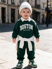 SHEIN Souflis 中性幼童 0-3T 深綠色 Boston 字母印花抓絨內裡運動衫與慢跑褲 2 件套，秋冬保暖休閒運動風嬰兒套裝 - 墨綠色 - 查看 11