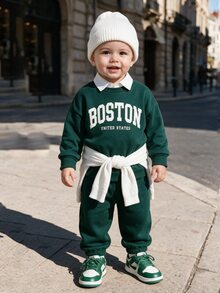 SHEIN Souflis 中性幼童 0-3T 深綠色 Boston 字母印花抓絨內裡運動衫與慢跑褲 2 件套，秋冬保暖休閒運動風嬰兒套裝 - 墨綠色 - 查看 12