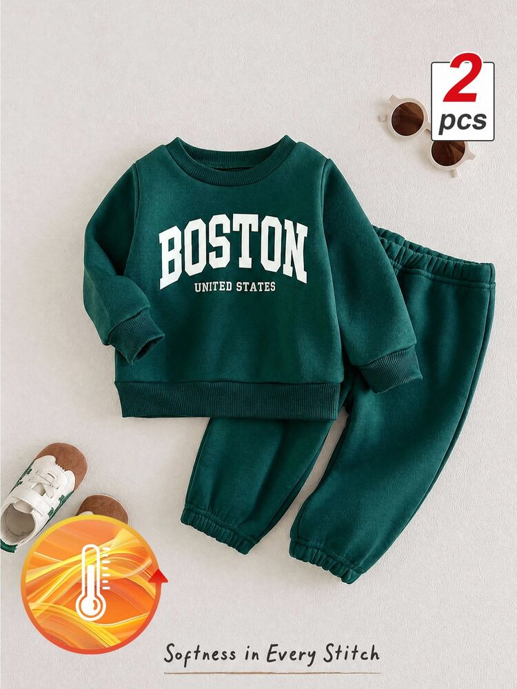 SHEIN Souflis Unisex Toddler 0-3T Dark Green Boston Letter Print Fleece Lined Sweatshirt & Jogger Pants 2Pcs Set, Fall Winter Warm Casual Sporty Baby Outfit - Dark Green - View 2