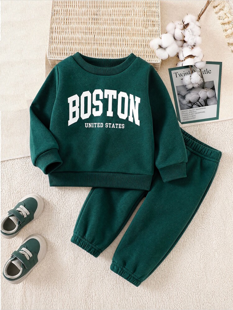 SHEIN Souflis Unisex Toddler 0-3T Dark Green Boston Letter Print Fleece Lined Sweatshirt & Jogger Pants 2Pcs Set, Fall Winter Warm Casual Sporty Baby Outfit - Dark Green - View 6