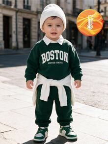 SHEIN Souflis 中性幼童 0-3T 深綠色 Boston 字母印花抓絨內裡運動衫與慢跑褲 2 件套，秋冬保暖休閒運動風嬰兒套裝 - 墨綠色 - 查看 8