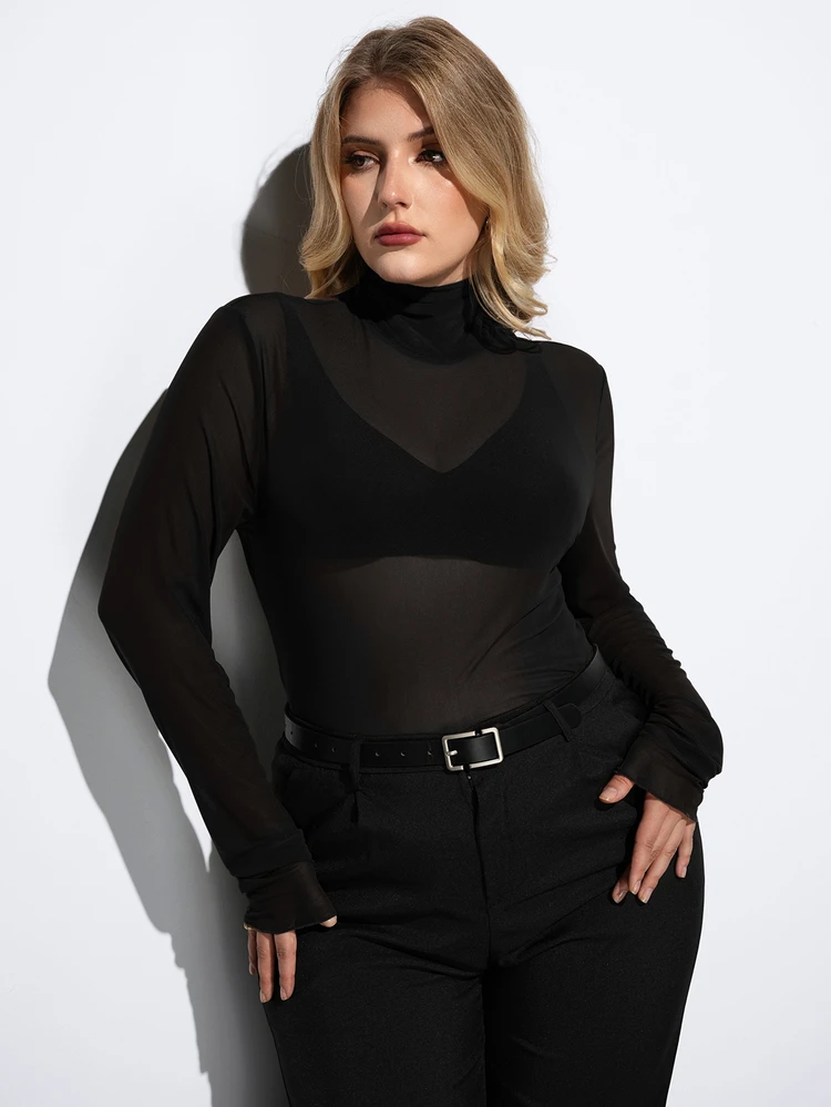 Maija Plus Size Women High Neck Long Sleeve Fitted Sheer Top