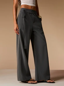 Opulessa Women's Solid Color Casual Versatile Daily Wear Wide Leg Long Pants Office Work Gray Autumn - Dark Grey - View 4