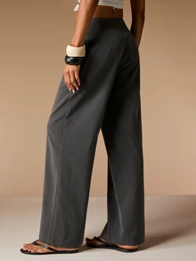 Opulessa Women's Solid Color Casual Versatile Daily Wear Wide Leg Long Pants Office Work Gray Autumn - Dark Grey - View 2