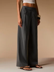 Opulessa Women's Solid Color Casual Versatile Daily Wear Wide Leg Long Pants Office Work Gray Autumn - Dark Grey - View 5