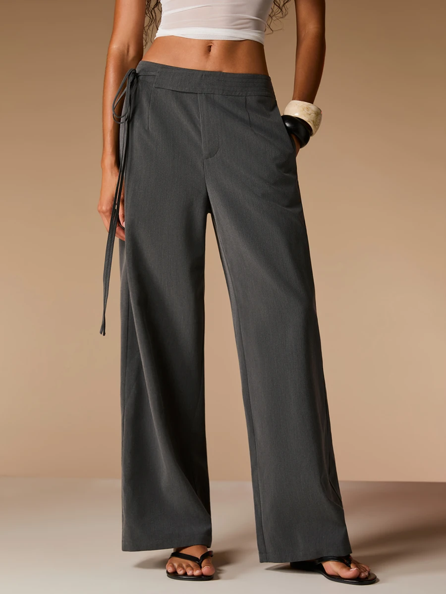 Opulessa Women's Solid Color Casual Versatile Daily Wear Wide Leg Long Pants Office Work Gray Autumn - Dark Grey - View 1