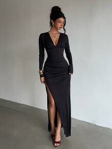 Glamine Gaun Bodycon Hitam Lengan Panjang Berpotongan V Dalam dengan Detail Kerut dan Belahan Tinggi, Gaun Malam Elegan Wanita untuk Tamu Pernikahan, Pesta Makan Malam, Koktail, dan Kencan Romantis. - Hitam - View 7