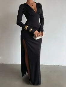 Glamine Gaun Bodycon Hitam Lengan Panjang Berpotongan V Dalam dengan Detail Kerut dan Belahan Tinggi, Gaun Malam Elegan Wanita untuk Tamu Pernikahan, Pesta Makan Malam, Koktail, dan Kencan Romantis. - Hitam - View 5