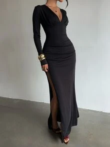 Glamine Gaun Bodycon Hitam Lengan Panjang Berpotongan V Dalam dengan Detail Kerut dan Belahan Tinggi, Gaun Malam Elegan Wanita untuk Tamu Pernikahan, Pesta Makan Malam, Koktail, dan Kencan Romantis. - Hitam - View 4