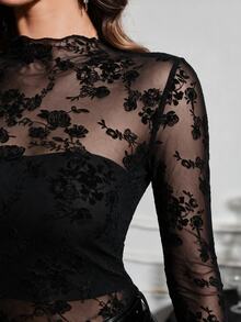 Lavishia Rose Flocked Mesh Sheer Top - Black - View 6