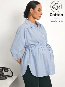 MaterniWear Camisa de Maternidade Feminina Azul Listrada com Cordão na Cintura – Casual/Roupa de Trabalho – Algodão – Outono - Azul e Branco - Visão 1