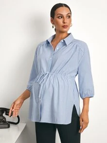 MaterniWear Camisa de Maternidade Feminina Azul Listrada com Cordão na Cintura – Casual/Roupa de Trabalho – Algodão – Outono - Azul e Branco - Visão 6