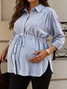 MaterniWear Camisa de Maternidade Feminina Azul Listrada com Cordão na Cintura – Casual/Roupa de Trabalho – Algodão – Outono - Azul e Branco - Visão 10