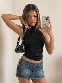 SHEIN ICON توب قصير نسائي بياقة حلقية بدون أكمام، قصة غير متماثلة الذيل، مطرز بخرز، أنيق وجذاب بطراز Y2K، للخريف/الشتاء - الأسود - مشاهدة 1