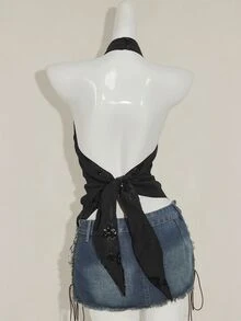 SHEIN ICON توب قصير نسائي بياقة حلقية بدون أكمام، قصة غير متماثلة الذيل، مطرز بخرز، أنيق وجذاب بطراز Y2K، للخريف/الشتاء - الأسود - مشاهدة 2