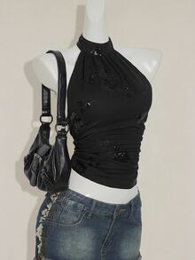 SHEIN ICON توب قصير نسائي بياقة حلقية بدون أكمام، قصة غير متماثلة الذيل، مطرز بخرز، أنيق وجذاب بطراز Y2K، للخريف/الشتاء - الأسود - مشاهدة 6