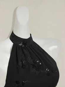 SHEIN ICON توب قصير نسائي بياقة حلقية بدون أكمام، قصة غير متماثلة الذيل، مطرز بخرز، أنيق وجذاب بطراز Y2K، للخريف/الشتاء - الأسود - مشاهدة 9