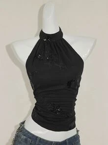 SHEIN ICON توب قصير نسائي بياقة حلقية بدون أكمام، قصة غير متماثلة الذيل، مطرز بخرز، أنيق وجذاب بطراز Y2K، للخريف/الشتاء - الأسود - مشاهدة 4