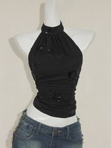 SHEIN ICON توب قصير نسائي بياقة حلقية بدون أكمام، قصة غير متماثلة الذيل، مطرز بخرز، أنيق وجذاب بطراز Y2K، للخريف/الشتاء - الأسود - مشاهدة 11