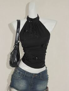 SHEIN ICON توب قصير نسائي بياقة حلقية بدون أكمام، قصة غير متماثلة الذيل، مطرز بخرز، أنيق وجذاب بطراز Y2K، للخريف/الشتاء - الأسود - مشاهدة 5