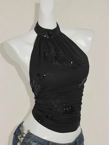 SHEIN ICON توب قصير نسائي بياقة حلقية بدون أكمام، قصة غير متماثلة الذيل، مطرز بخرز، أنيق وجذاب بطراز Y2K، للخريف/الشتاء - الأسود - مشاهدة 8