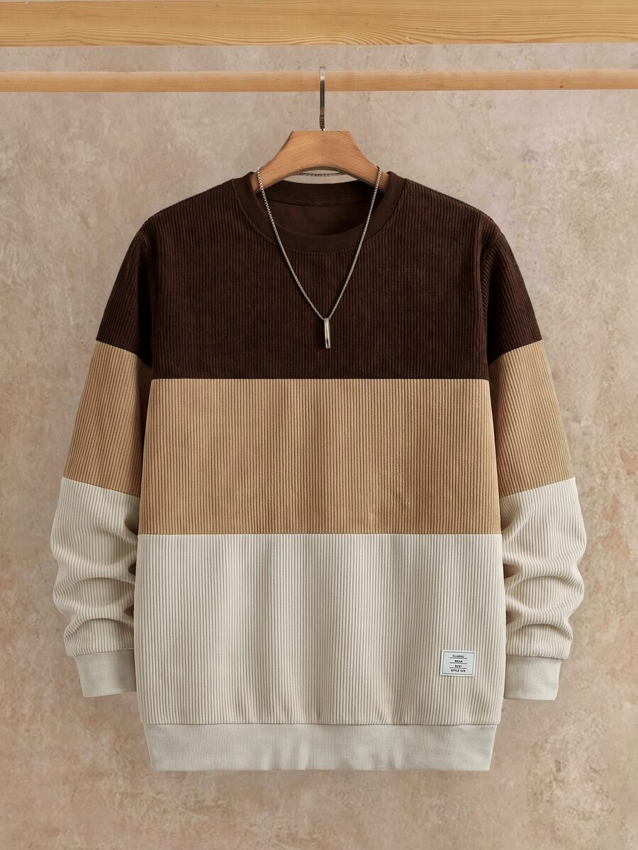 HIMLAND Woven Casual Street Vacation Fashion Colorblock Patchwork Pullover Sweatshirt Holiday Vacation All Shades Of Brown Autumn - Multicolor - View 1
