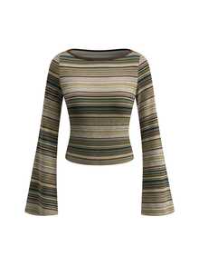 IslaSuriya Women's Striped Boat Neck Flare Sleeve Casual Top - Multicolor - View 6