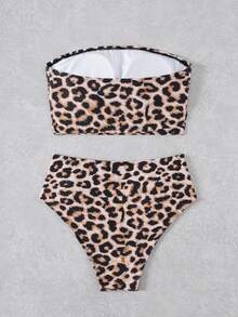 Swim Vcay Atasan Bandeau Berkerut Motif Leopard dan Bawahan Bikini Pinggang Tinggi, Set Bikini Liburan Pantai 2 Potong untuk Musim Panas - MultiWarna - View 5