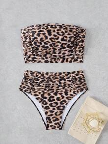 Swim Vcay Atasan Bandeau Berkerut Motif Leopard dan Bawahan Bikini Pinggang Tinggi, Set Bikini Liburan Pantai 2 Potong untuk Musim Panas - MultiWarna - View 4