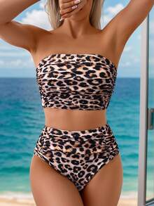 Swim Vcay Atasan Bandeau Berkerut Motif Leopard dan Bawahan Bikini Pinggang Tinggi, Set Bikini Liburan Pantai 2 Potong untuk Musim Panas - MultiWarna - View 3