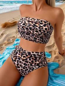 Swim Vcay Atasan Bandeau Berkerut Motif Leopard dan Bawahan Bikini Pinggang Tinggi, Set Bikini Liburan Pantai 2 Potong untuk Musim Panas - MultiWarna - View 1