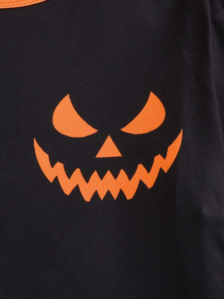 SHEIN Teen Boys Halloween Pumpkin & Ghost Floral Colorblock Long Sleeve T-Shirt & Pants Set, Slim Fit Pajamas Loungewear, Casual School Style, Comfortable Fashionable Minimalist Versatile Soft Fabric, Suitable For Daily Wear, Home Wear, Layering, Autumn/Winter - Black - View 3