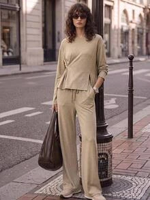 Ontre 2026 Winter Khaki Round Neck Knitted Top With Side Slit And Waist Design, Elastic Waist Long Pants For Women, Lounge Travel Casual Outfit - Khaki - View 1