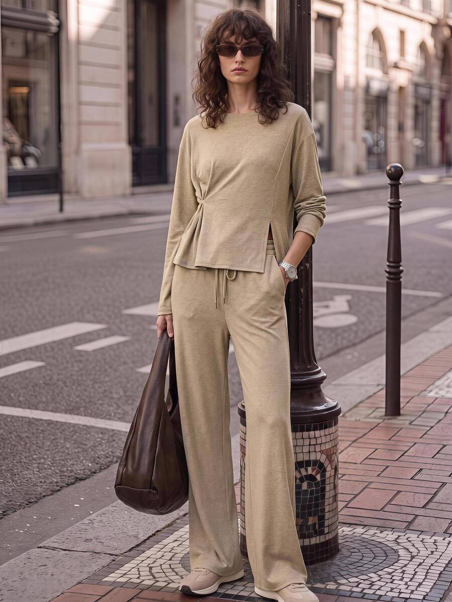Ontre 2026 Winter Khaki Round Neck Knitted Top With Side Slit And Waist Design, Elastic Waist Long Pants For Women, Lounge Travel Casual Outfit - Khaki - View 1